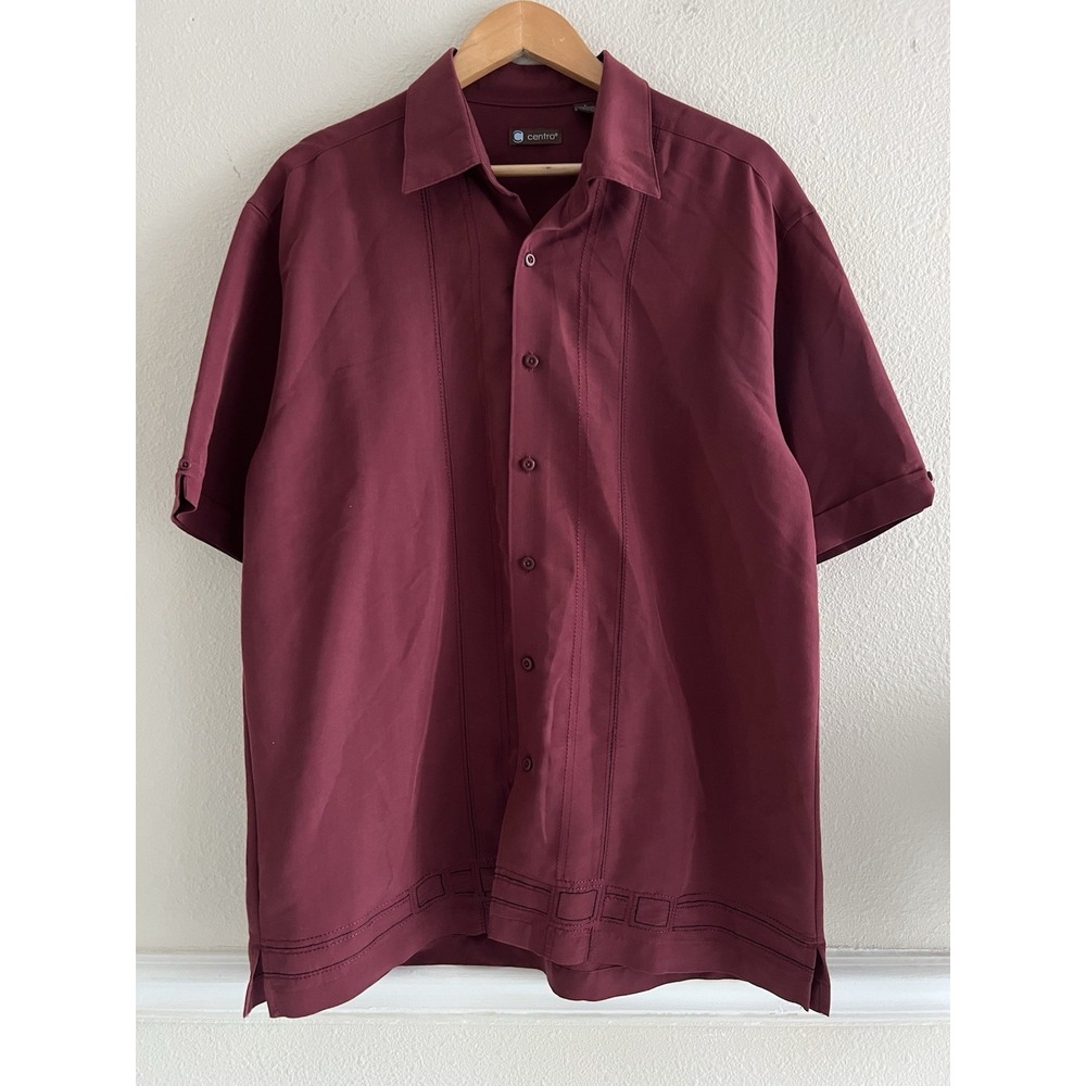 Centro Men's Burgundy Short Sleeve Button Up Shirt Size Large Casual Office